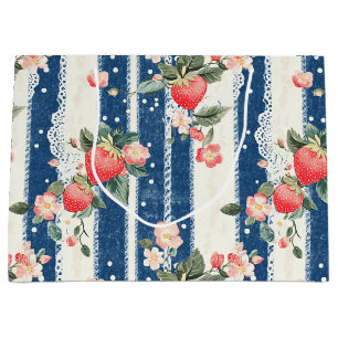 Vintage Strawberries & Blooms on Blue Stripes (2) Large Gift Bag