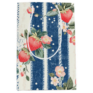 Vintage Strawberries & Blooms on Blue Stripes (2) Medium Gift Bag