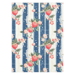 Vintage Strawberries & Blooms on Blue Stripes (2) Tablecloth