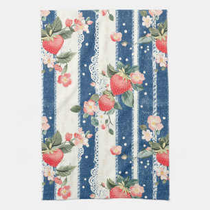 Vintage Strawberries & Blooms on Blue Stripes (2) Tea Towel