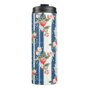 Vintage Strawberries & Blooms on Blue Stripes (2) Thermal Tumbler