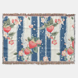 Vintage Strawberries & Blooms on Blue Stripes (2) Throw Blanket