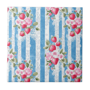 Vintage Strawberries & Blooms on Blue Stripes Ceramic Tile