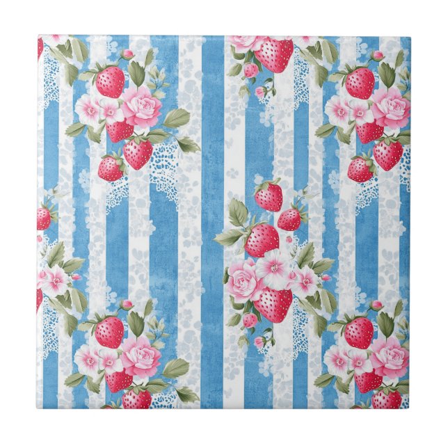Vintage Strawberries & Blooms on Blue Stripes Ceramic Tile (Front)