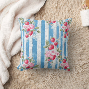 Vintage Strawberries & Blooms on Blue Stripes Cushion