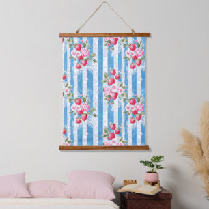 Vintage Strawberries & Blooms on Blue Stripes Hanging Tapestry