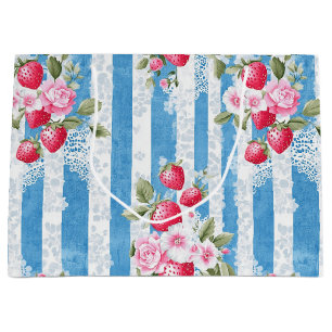 Vintage Strawberries & Blooms on Blue Stripes Large Gift Bag