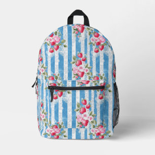 Vintage Strawberries & Blooms on Blue Stripes Printed Backpack
