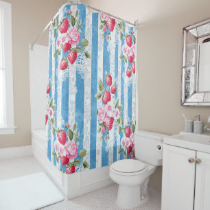 Vintage Strawberries & Blooms on Blue Stripes Shower Curtain