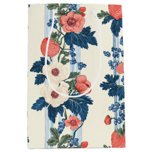 Vintage Strawberries & Blue Leaves Floral Pattern Medium Gift Bag