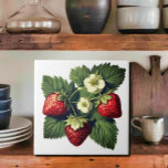 Vintage Strawberries  Ceramic Tile<br><div class="desc">Delicious looking strawberries with green leaves and white flowers. Attractive vintage graphics radiate all the joy and fun of summers  You can change the background colour .( Customise/Edit/ background ) 
Design by Canva AI and Alma  Wad ,  the human  designer .</div>