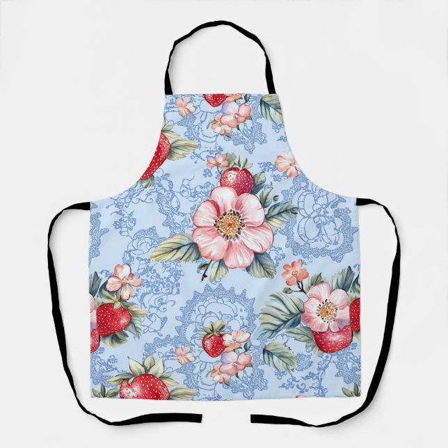 Vintage Strawberries & Flowers Pattern Apron (Front)