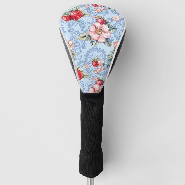 Vintage Strawberries & Flowers Pattern Golf Head Cover (Front)