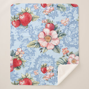 Vintage Strawberries & Flowers Pattern Sherpa Blanket