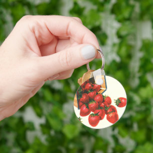 Vintage Strawberries in Basket, Food Fruit Berries Key Ring