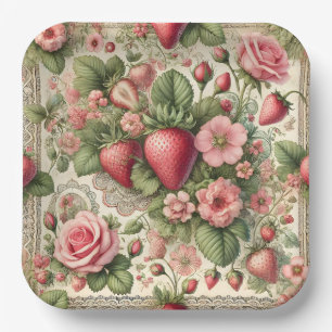 Vintage Strawberry 1st Birthday Party Paper Plate