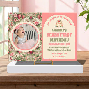 Vintage Strawberry 1st Birthday Party Photo Invitation