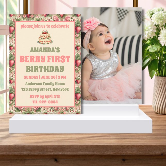 Vintage Strawberry 1st Birthday Party Photo Invitation (Creator Uploaded)