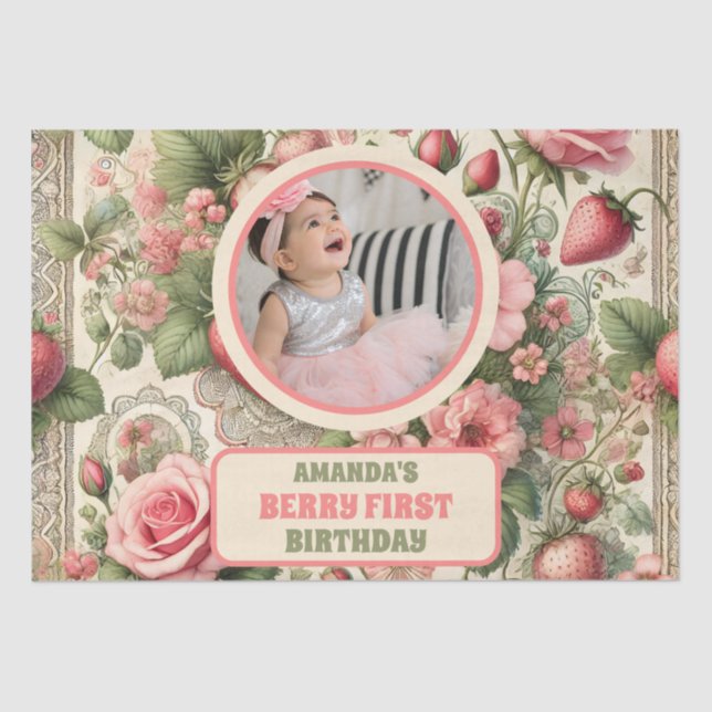 Vintage Strawberry 1st Birthday Party Photo Tissue Paper (Front)