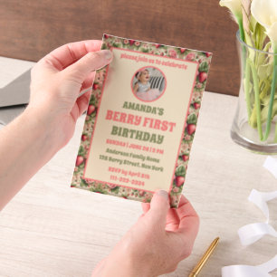 Vintage Strawberry 1st Birthday Party Photo Vellum Invitations