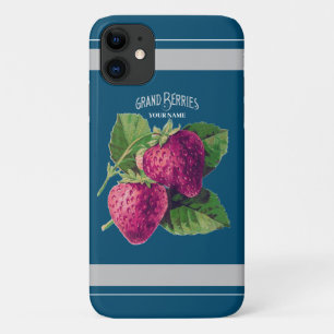 Vintage Strawberry Berry Add Your Name Blue Green iPhone 11 Case