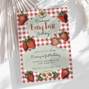Vintage Strawberry Berry First Gingham Birthday Invitation