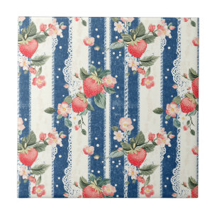 Vintage Strawberry Blue Cream Cottagecore Ceramic Tile