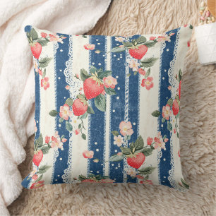 Vintage Strawberry Blue Cream Cottagecore Cushion
