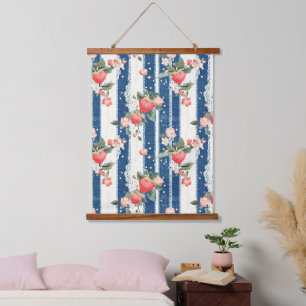 Vintage Strawberry Blue Cream Cottagecore Hanging Tapestry