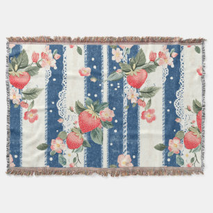 Vintage Strawberry Blue Cream Cottagecore Throw Blanket