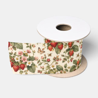 Vintage Strawberry Botanical Garden Pattern Satin Ribbon