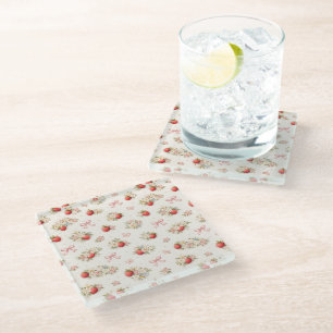Vintage Strawberry Floral Seamless cottagecore Glass Coaster