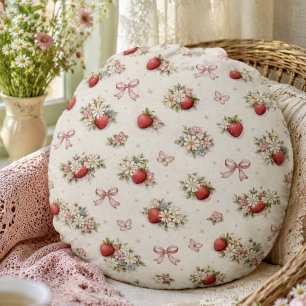 Vintage Strawberry Floral Seamless cottagecore Round Cushion