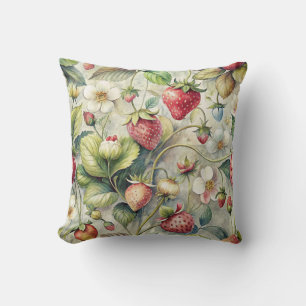 Vintage Strawberry Garden Botanical Watercolor Cushion