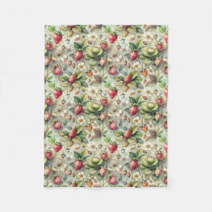 Vintage Strawberry Garden Botanical Watercolor Fleece Blanket
