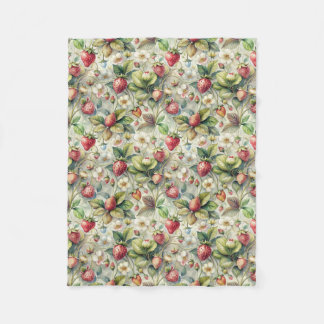 Vintage Strawberry Garden Botanical Watercolor  Fleece Blanket
