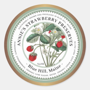 Vintage Strawberry Illustration Gold Border Jelly  Classic Round Sticker