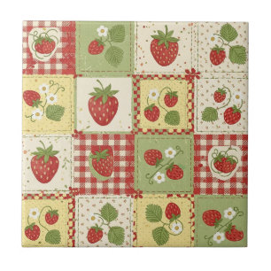 Vintage Strawberry Patchwork Cottagecore Pattern Ceramic Tile