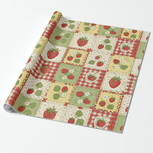 Vintage Strawberry Patchwork Cottagecore Pattern Wrapping Paper
