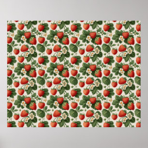 Vintage Strawberry Pattern with Blossoms Poster