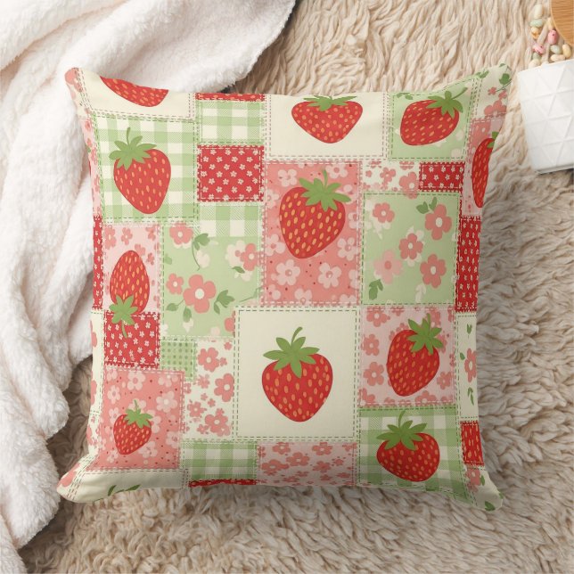 Vintage Strawberry Picnic Patchwork Pattern Cushion (Blanket)