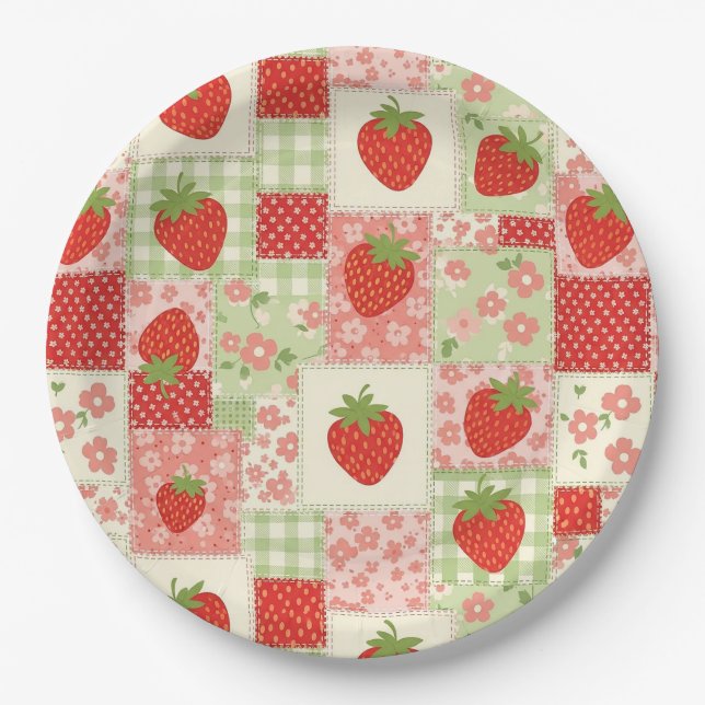 Vintage Strawberry Picnic Patchwork Pattern Paper Plate (Front)