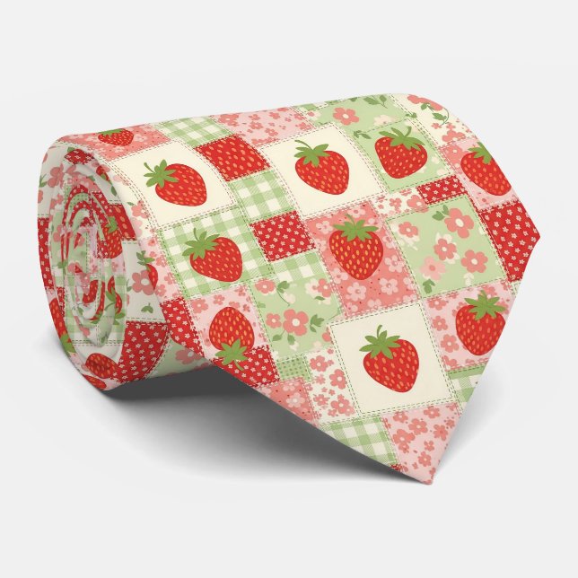 Vintage Strawberry Picnic Patchwork Pattern Tie (Rolled)