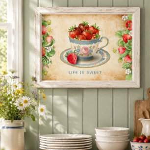 Vintage Strawberry Teacup Cottagecore Kitchen Poster