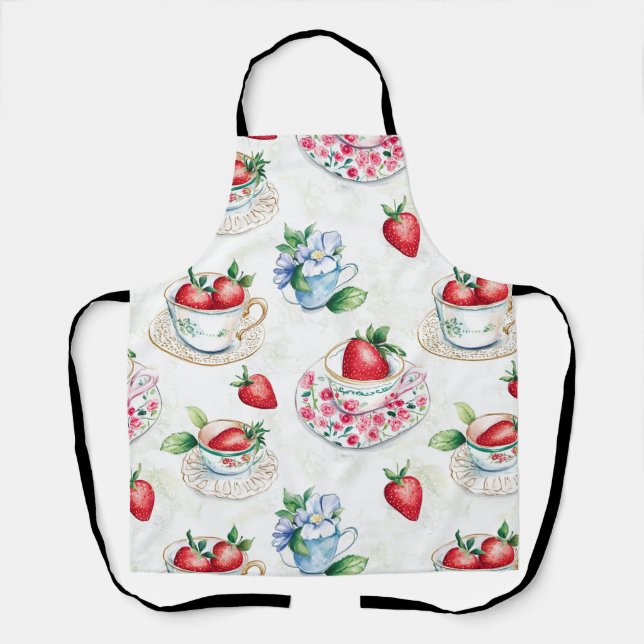 Vintage Strawberry Teacup Floral Pattern Apron (Front)