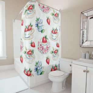 Vintage Strawberry Teacup Floral Pattern Shower Curtain