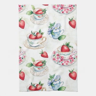 Vintage Strawberry Teacup Floral Pattern Tea Towel