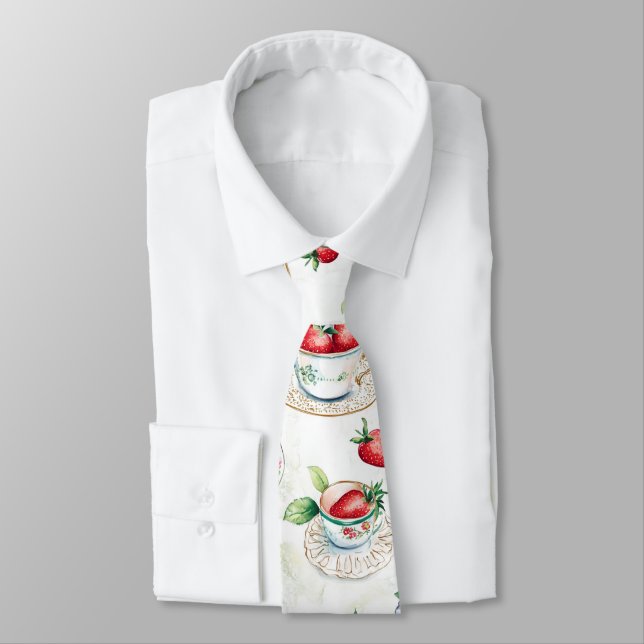 Vintage Strawberry Teacup Floral Pattern Tie (Tied)