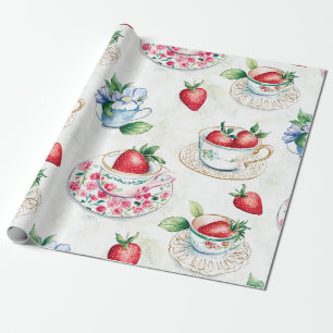 Vintage Strawberry Teacup Floral Pattern Wrapping Paper