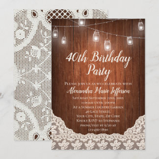 Vintage String Light Mason Jar 40th Birthday Party Invitation